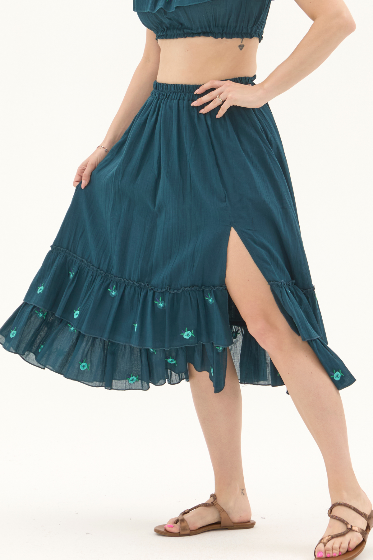 Petrol Vual Nakışlı Yazlık Uzun Etek