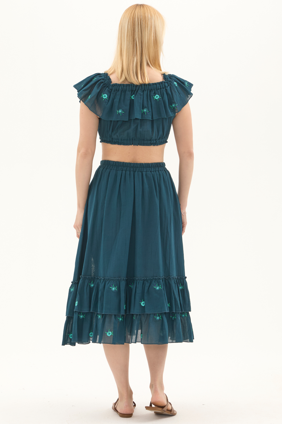 Petrol Vual Nakışlı Yazlık Uzun Etek