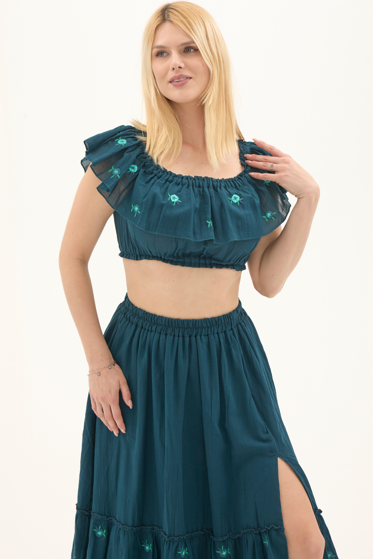 Petrol Vual Nakışlı Yazlık Uzun Etek