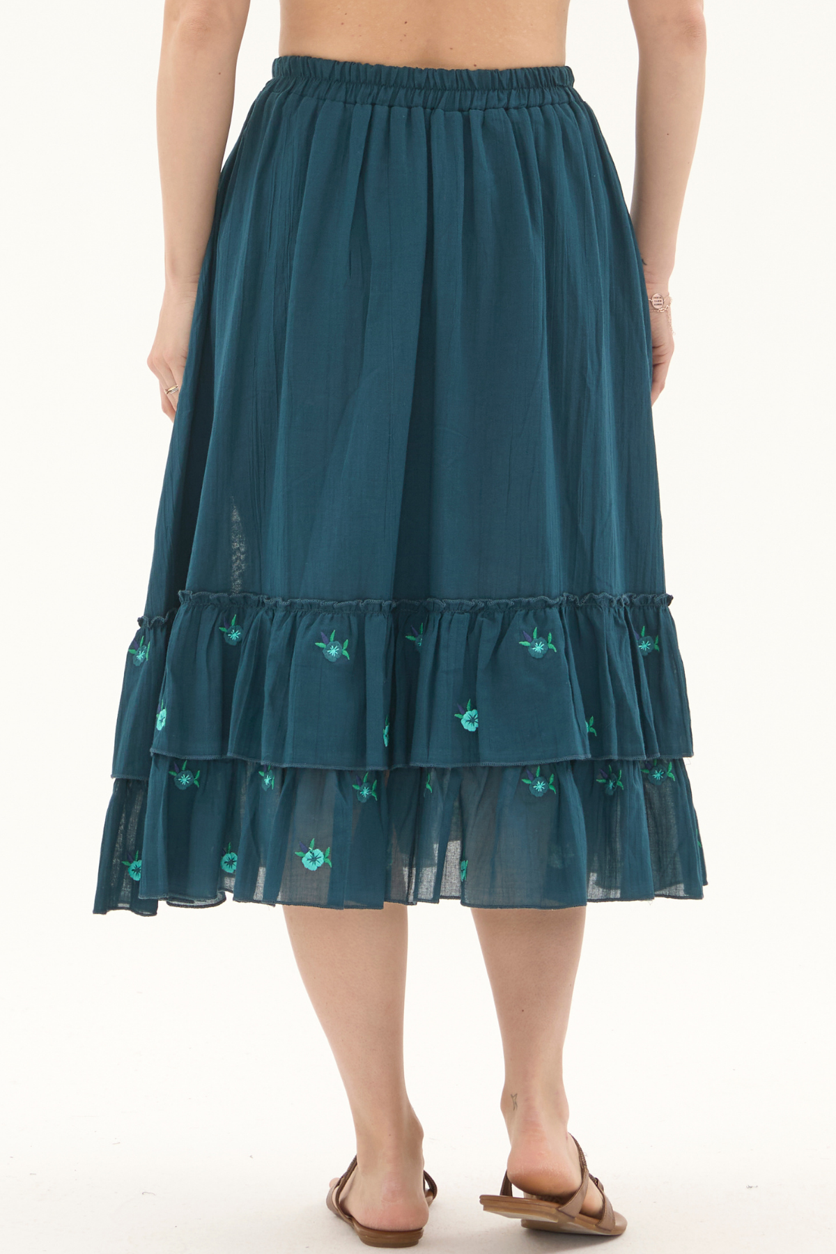 Petrol Vual Nakışlı Yazlık Uzun Etek