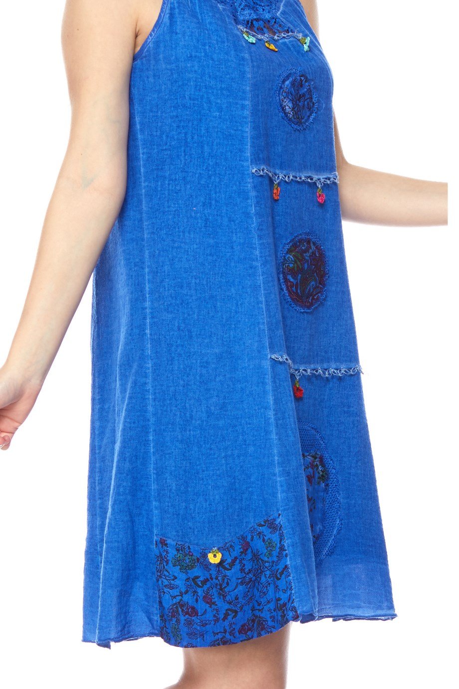 Saks Askılı Oyalı Mini Elbise