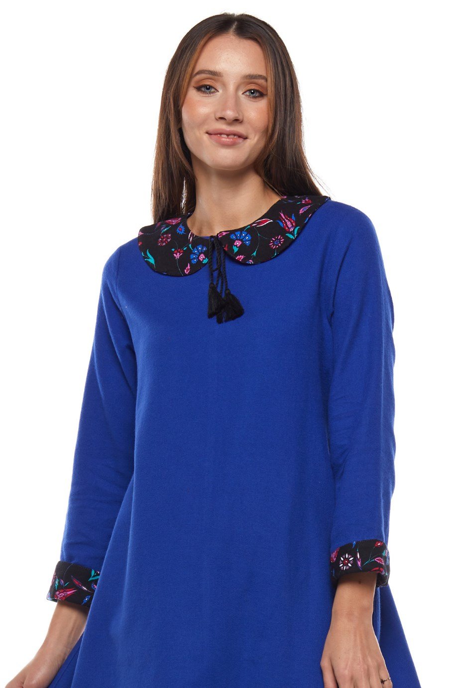 Saks Çiçek Yakalı Elbise