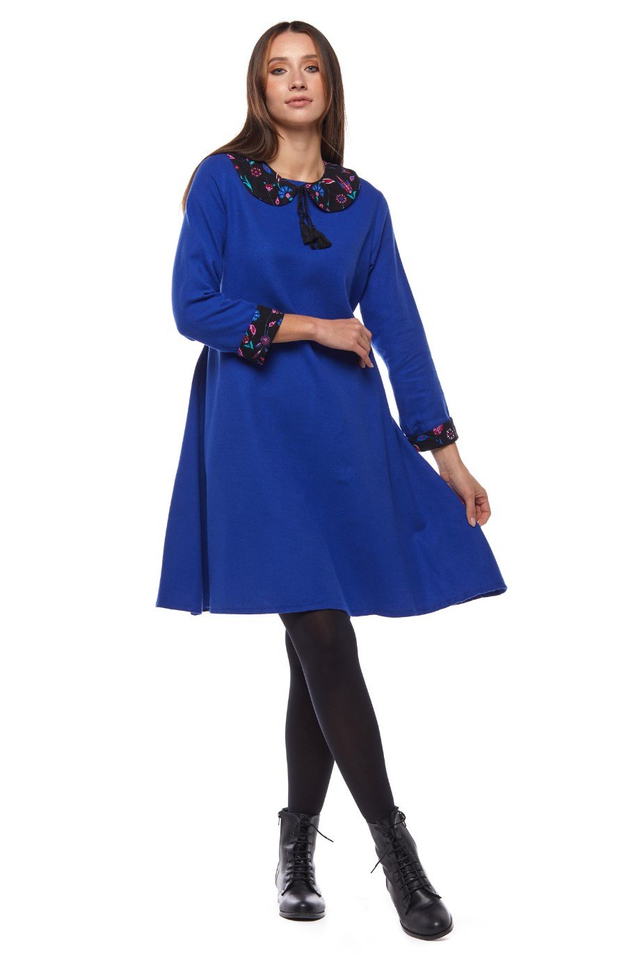 Saks Çiçek Yakalı Elbise