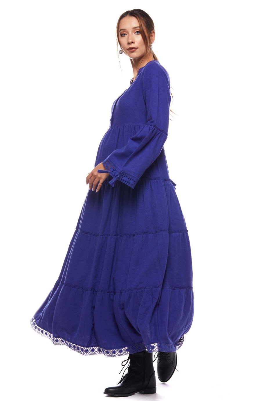 Saks Dantelli Düz Desen Uzun Elbise