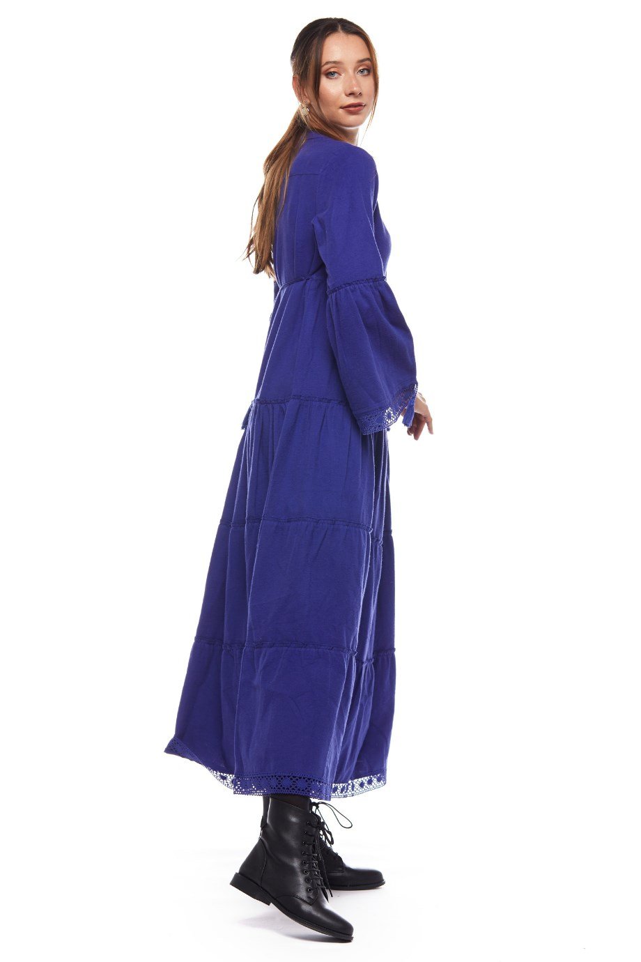 Saks Dantelli Düz Desen Uzun Elbise