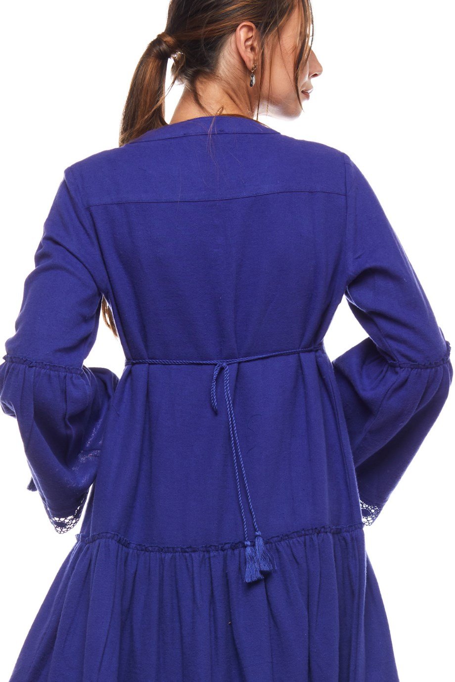 Saks Dantelli Düz Desen Uzun Elbise