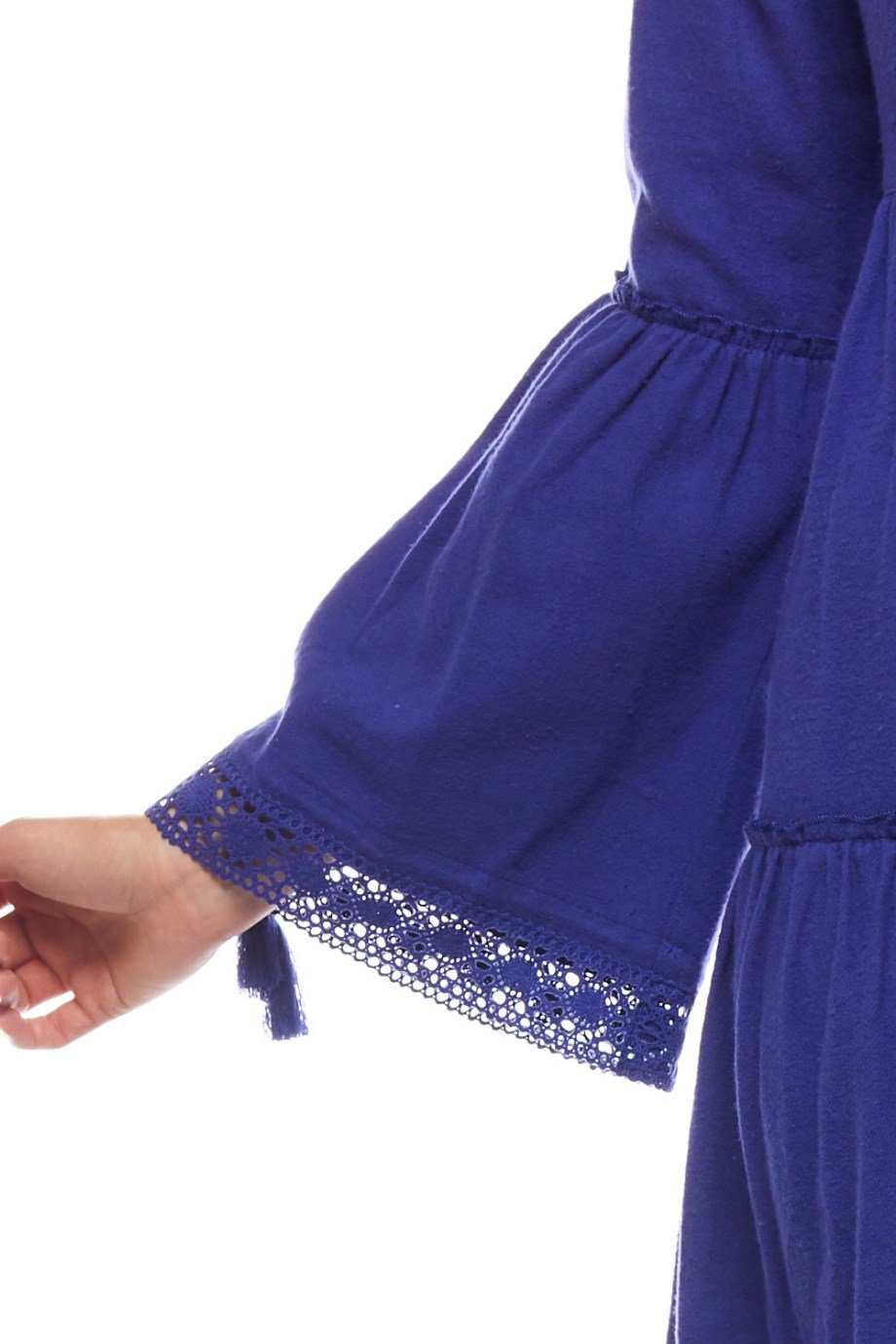 Saks Dantelli Düz Desen Uzun Elbise