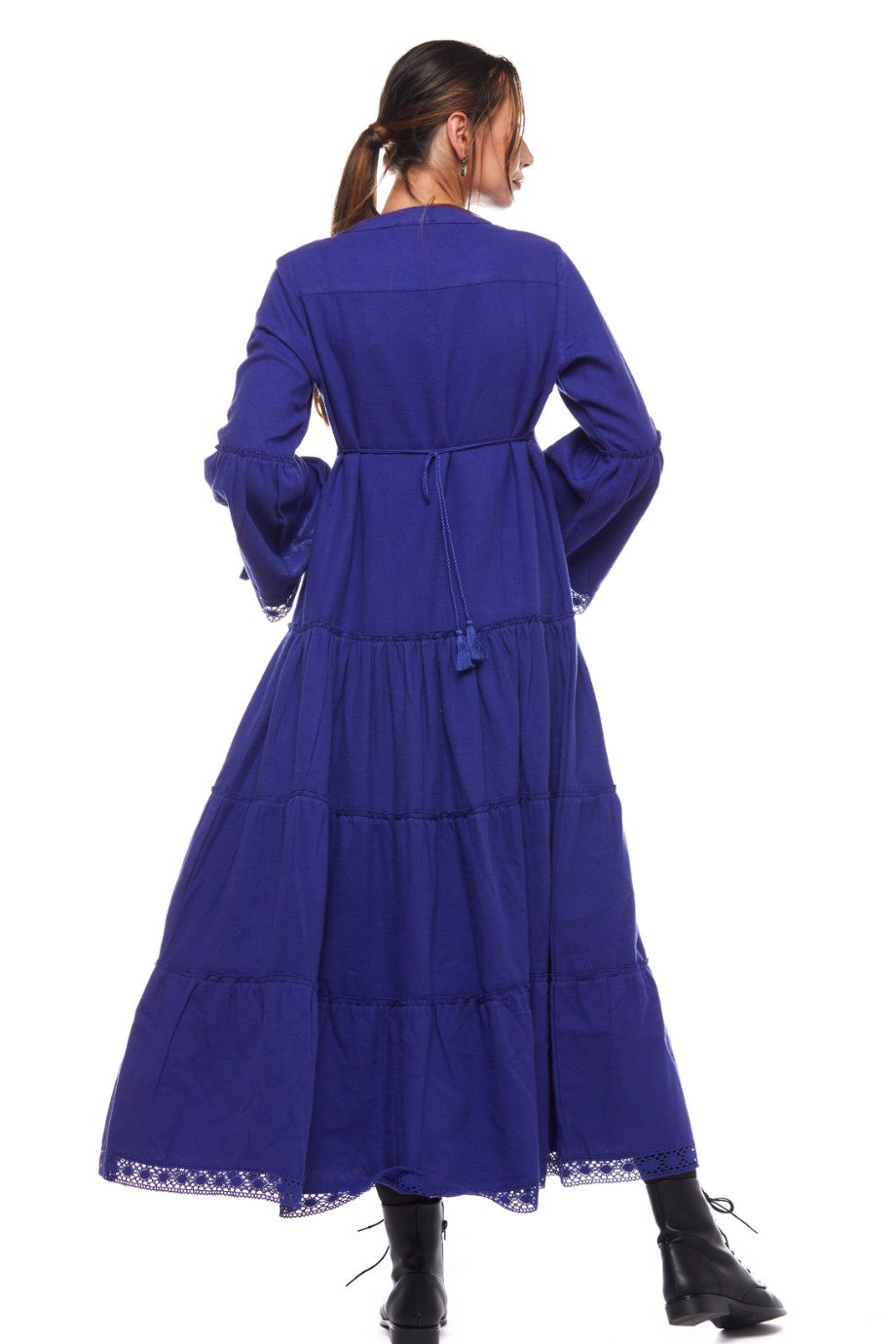 Saks Dantelli Düz Desen Uzun Elbise