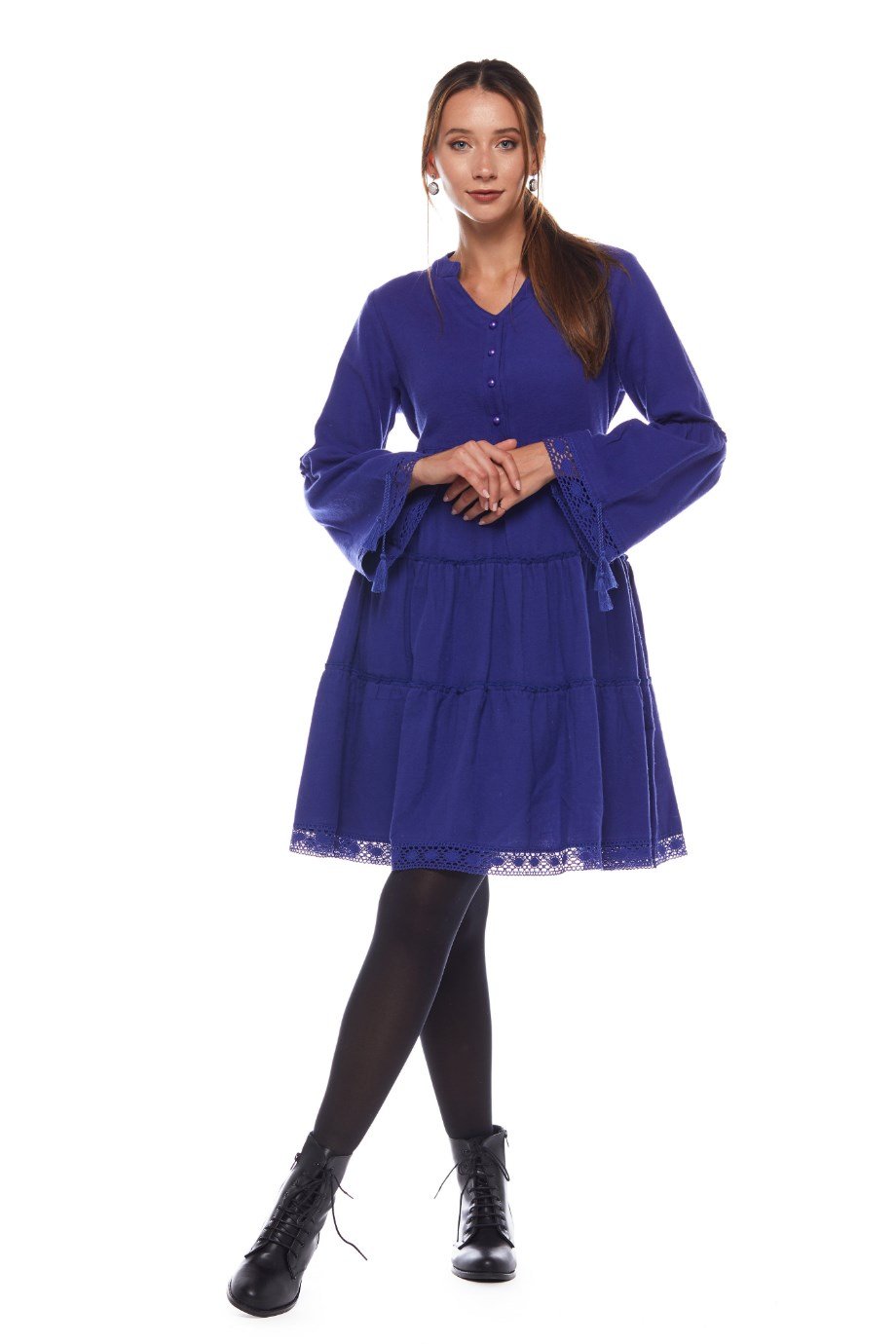 Saks Düz Desen Kısa Elbise