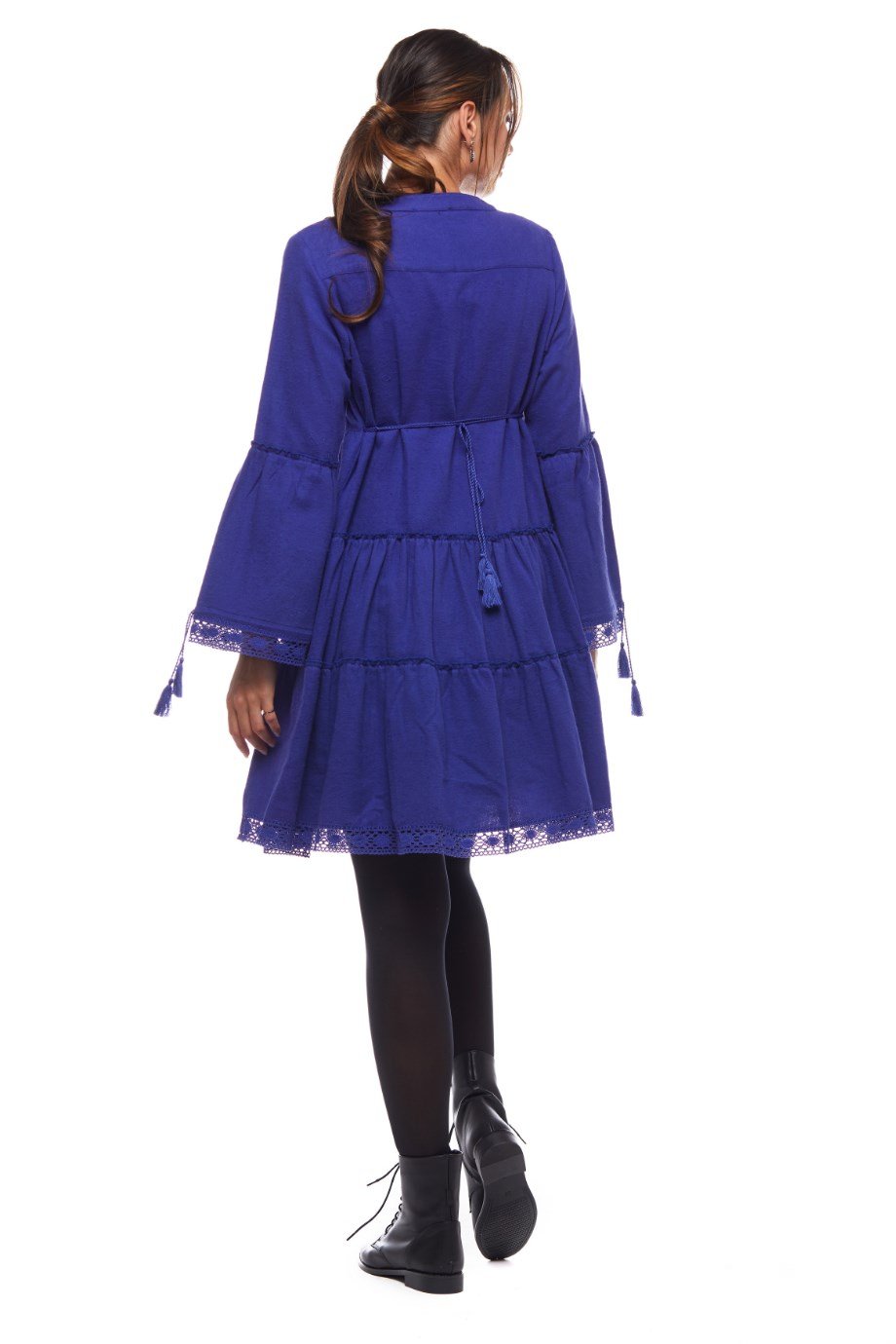 Saks Düz Desen Kısa Elbise