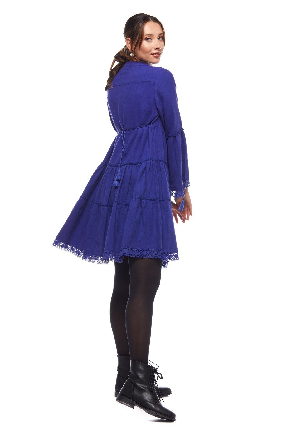 Saks Düz Desen Kısa Elbise