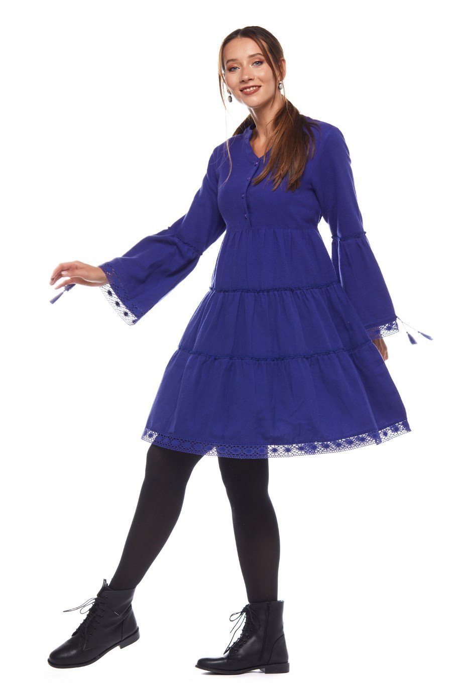 Saks Düz Desen Kısa Elbise