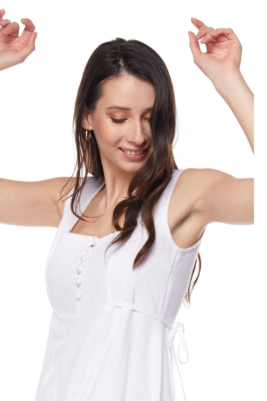 Şile Bezi Beyaz Asimetrik Düğmeli Elbise