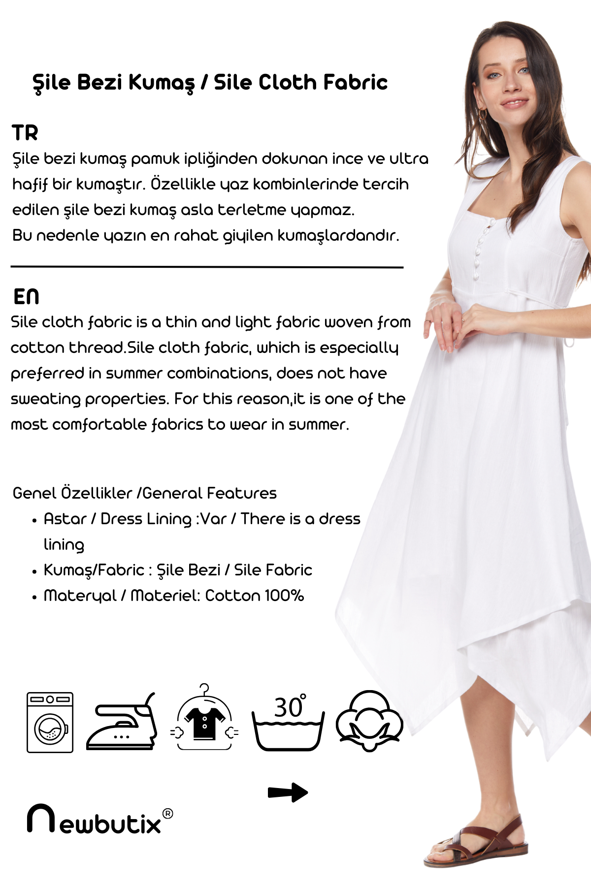 Şile Bezi Beyaz Asimetrik Düğmeli Elbise