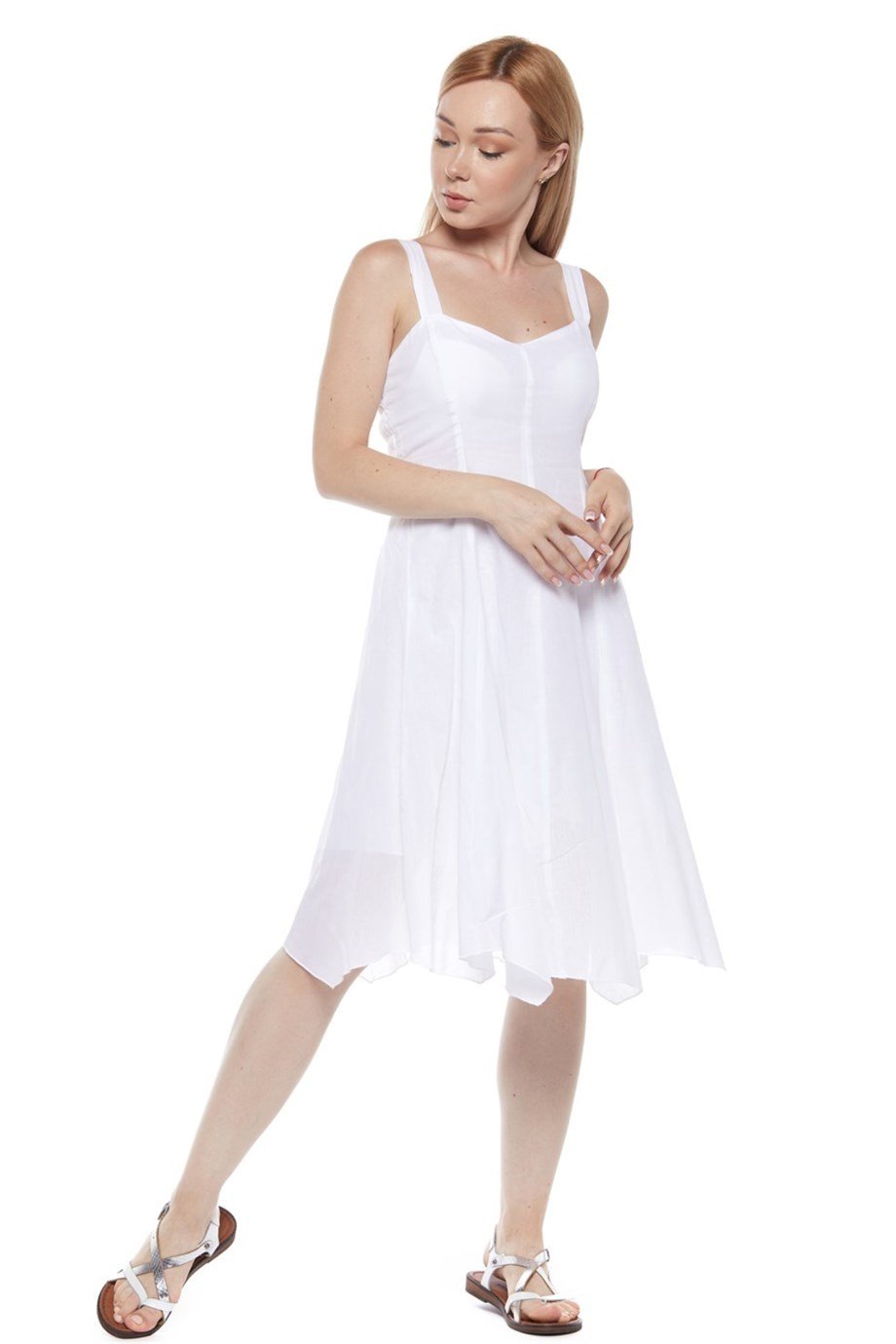 Şile Bezi Beyaz Askılı Asimetrik Elbise