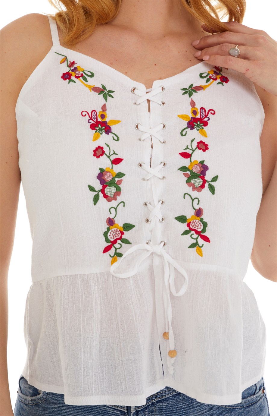 Şile Bezi Beyaz Askılı Çiçekli Bluz