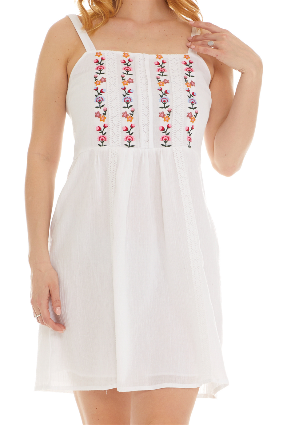 Şile Bezi Beyaz Askılı Çiçekli Kısa Elbise