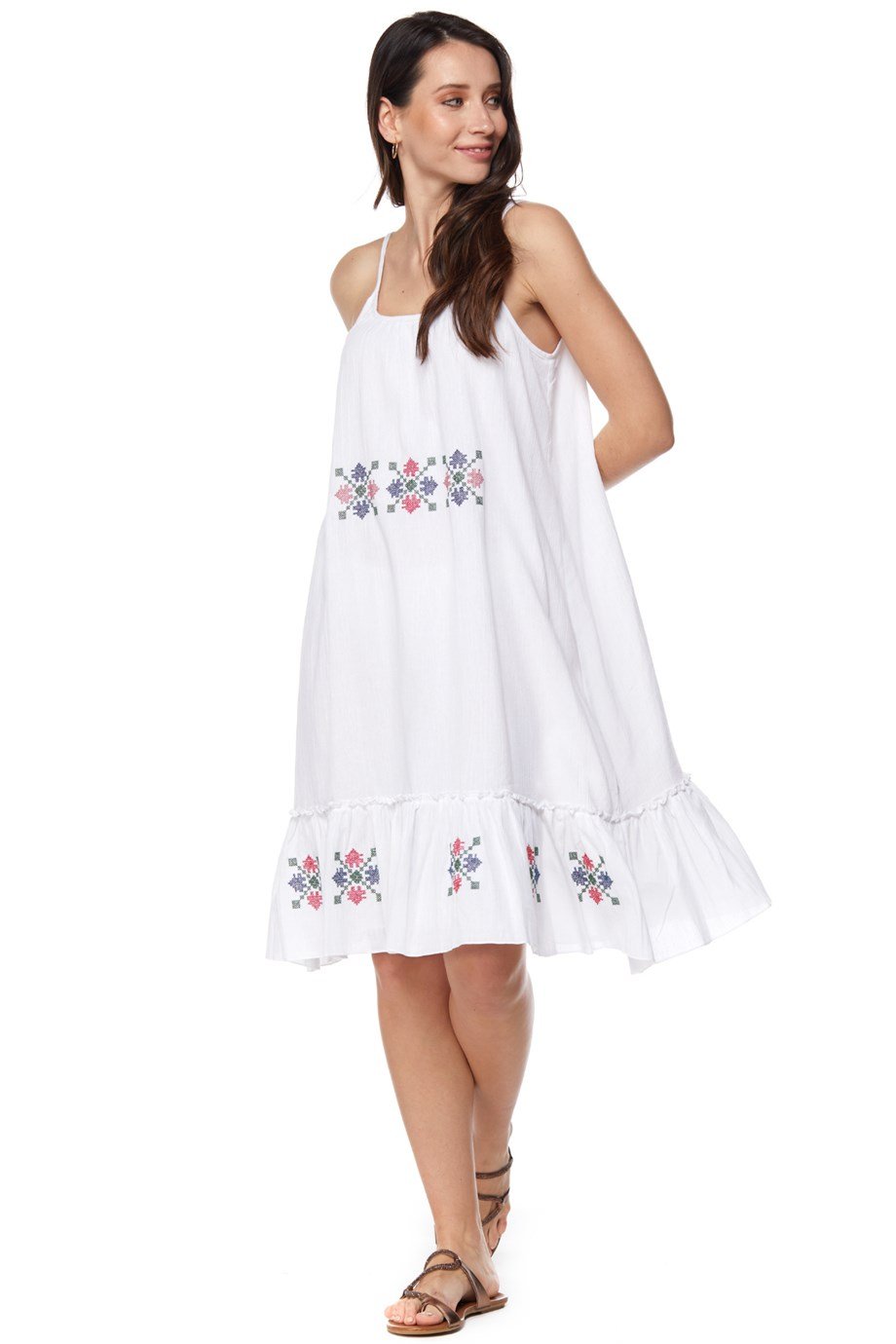 Şile Bezi Beyaz Askılı Otantik Nakışlı Elbise