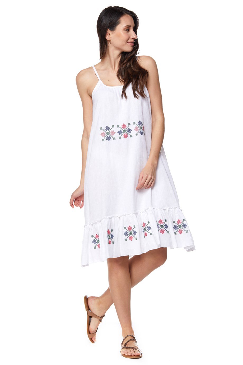 Şile Bezi Beyaz Askılı Otantik Nakışlı Elbise