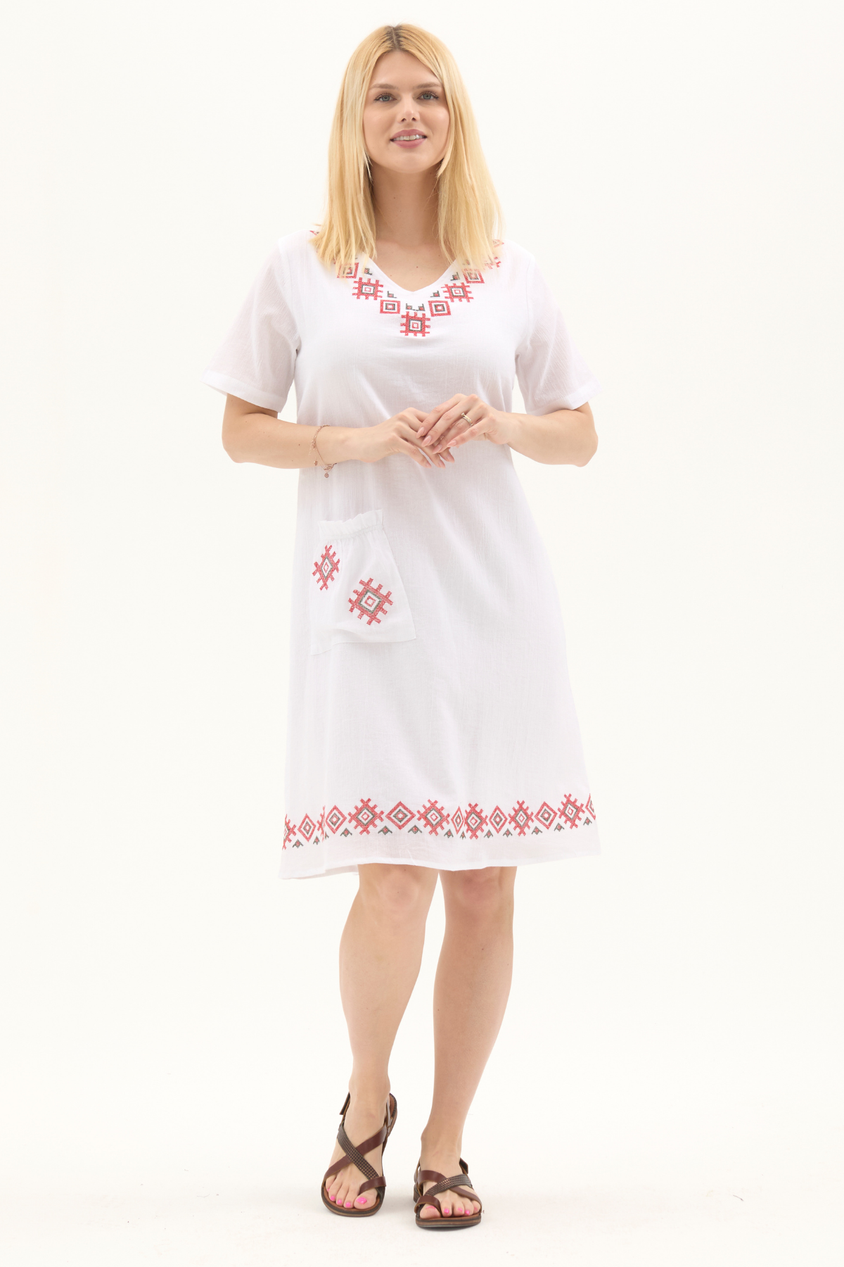 Şile Bezi Beyaz Kısa Kol Kruvaze Yaka Nakışlı Yazlık Midi Elbise