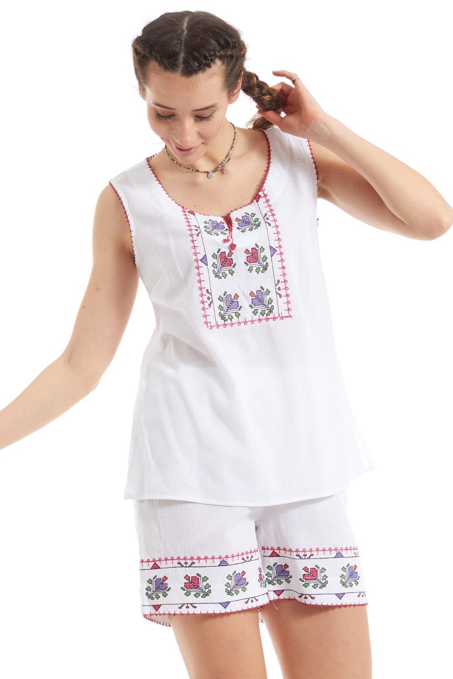 Şile Bezi Beyaz Nakış İşlemeli Atlet-Şort Takım