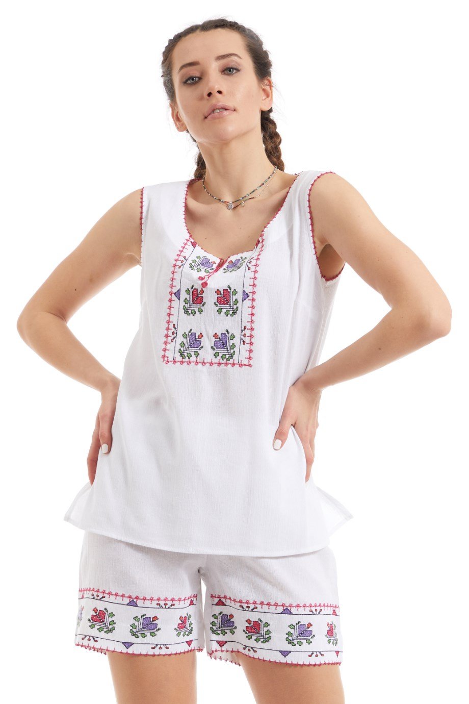 Şile Bezi Beyaz Nakış İşlemeli Atlet-Şort Takım