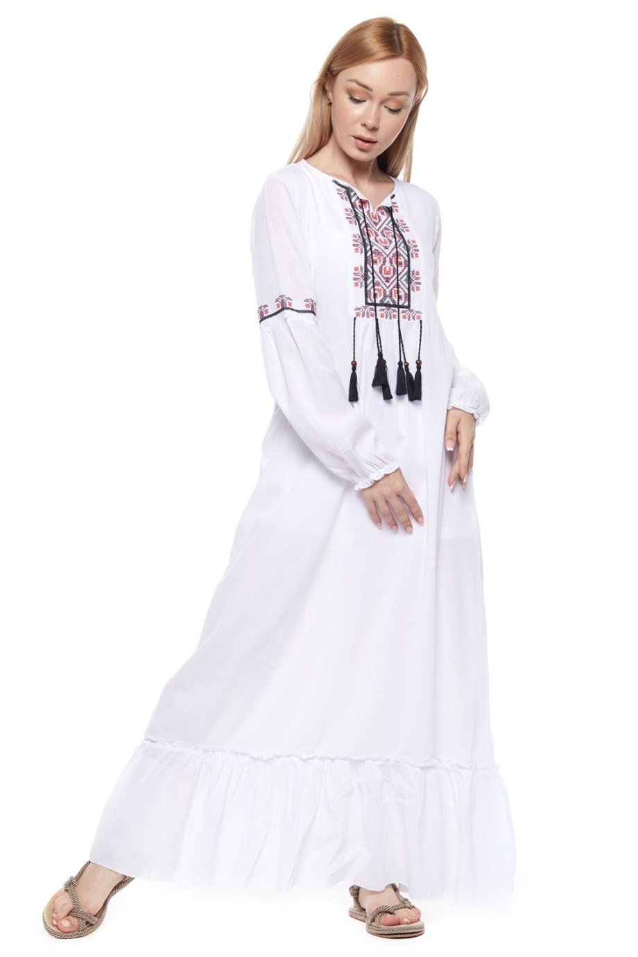 Şile Bezi Beyaz Uzun Kollu Püsküllü Elbise