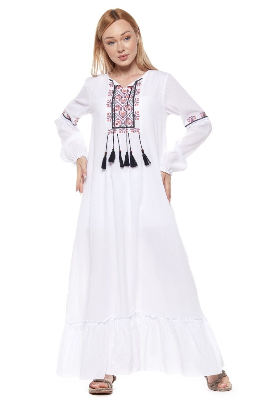 Şile Bezi Beyaz Uzun Kollu Püsküllü Elbise