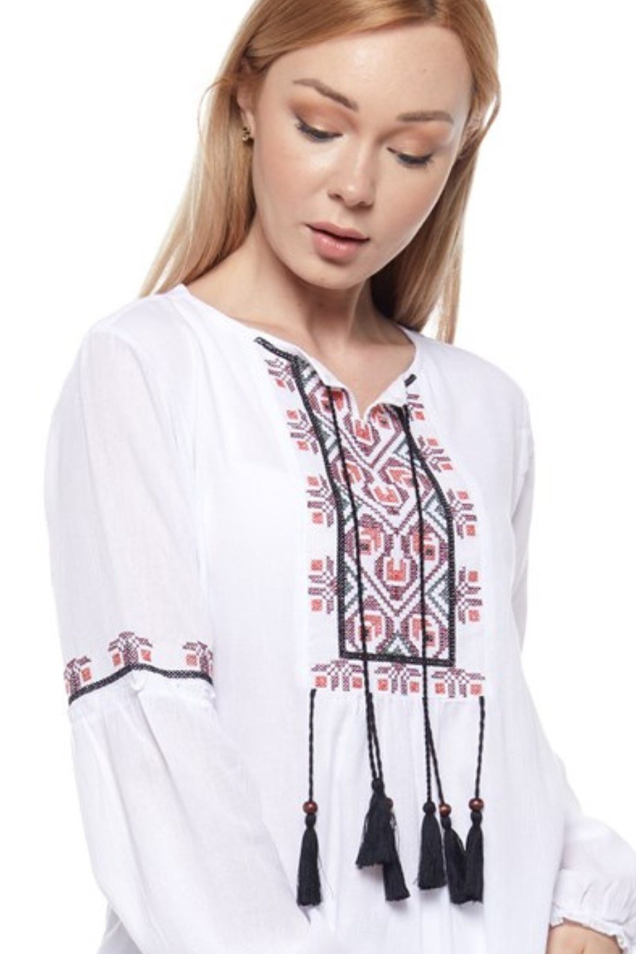 Şile Bezi Beyaz Uzun Kollu Püsküllü Elbise