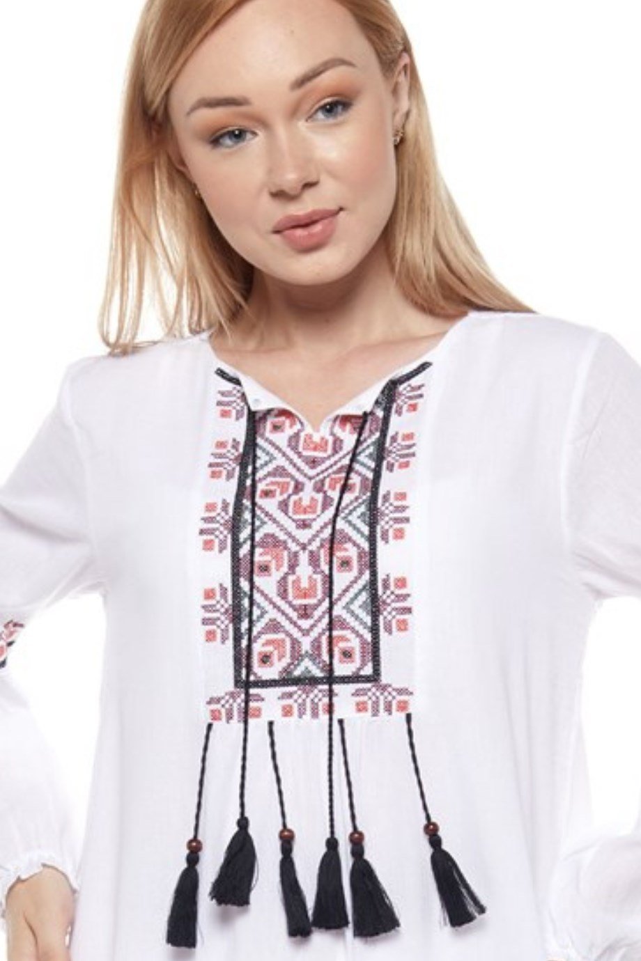 Şile Bezi Beyaz Uzun Kollu Püsküllü Elbise