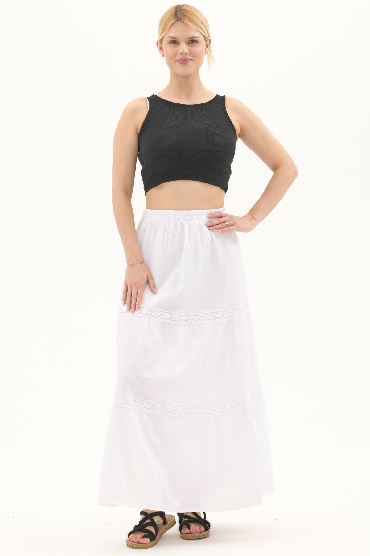 Şile Bezi Beyaz Uzun Yazlık Dantelli Etek