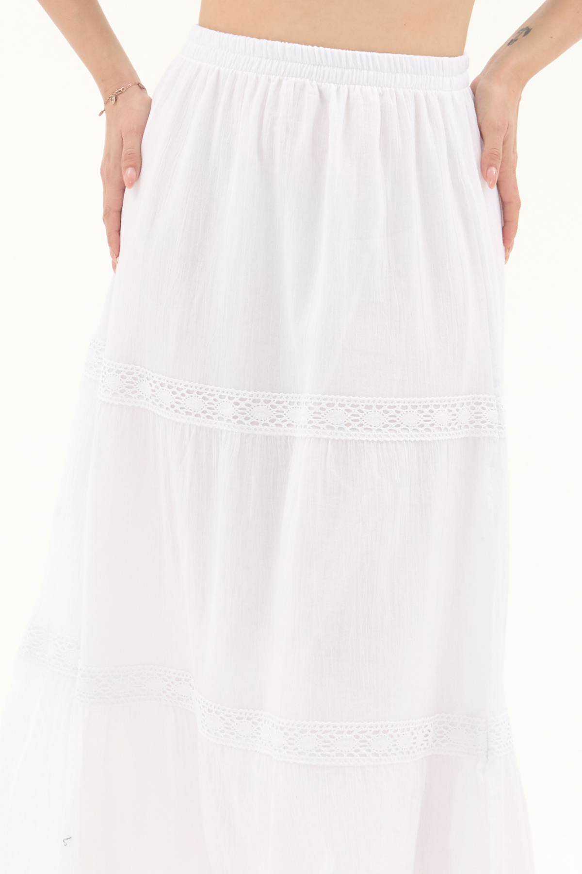 Şile Bezi Beyaz Uzun Yazlık Dantelli Etek