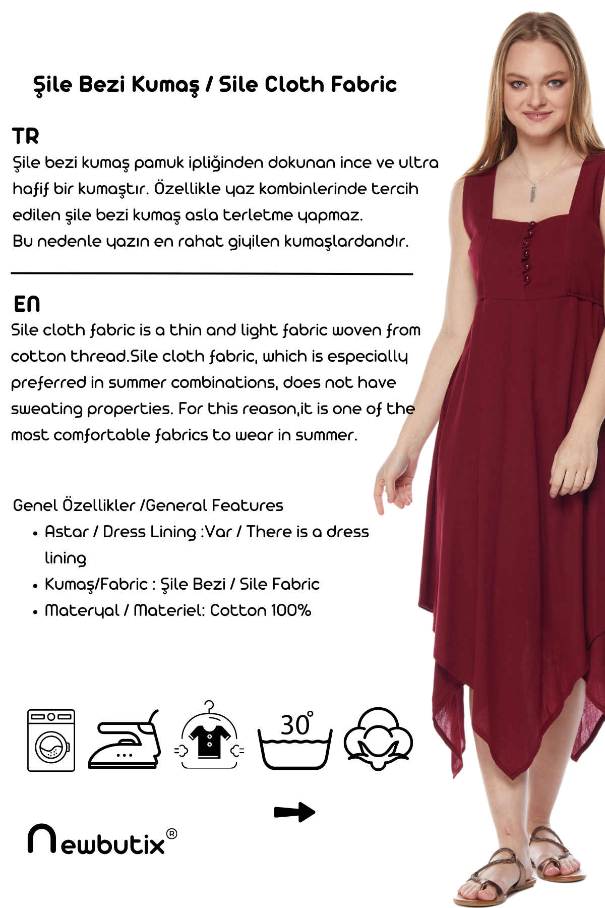 Şile Bezi Bordo Asimetrik Düğmeli Elbise