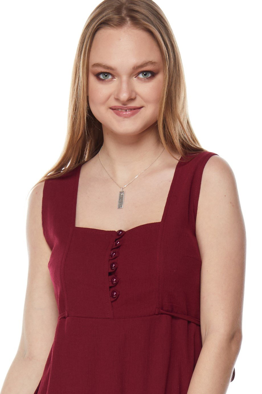 Şile Bezi Bordo Asimetrik Düğmeli Elbise