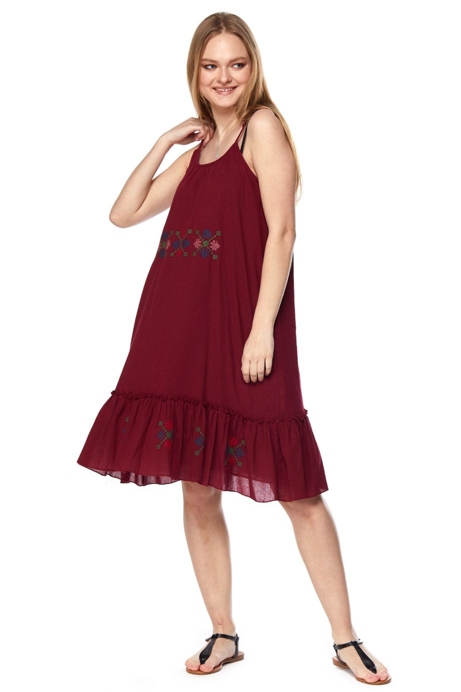 Şile Bezi Bordo Askılı Otantik Nakışlı Elbise