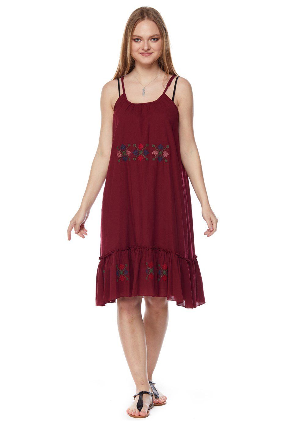 Şile Bezi Bordo Askılı Otantik Nakışlı Elbise