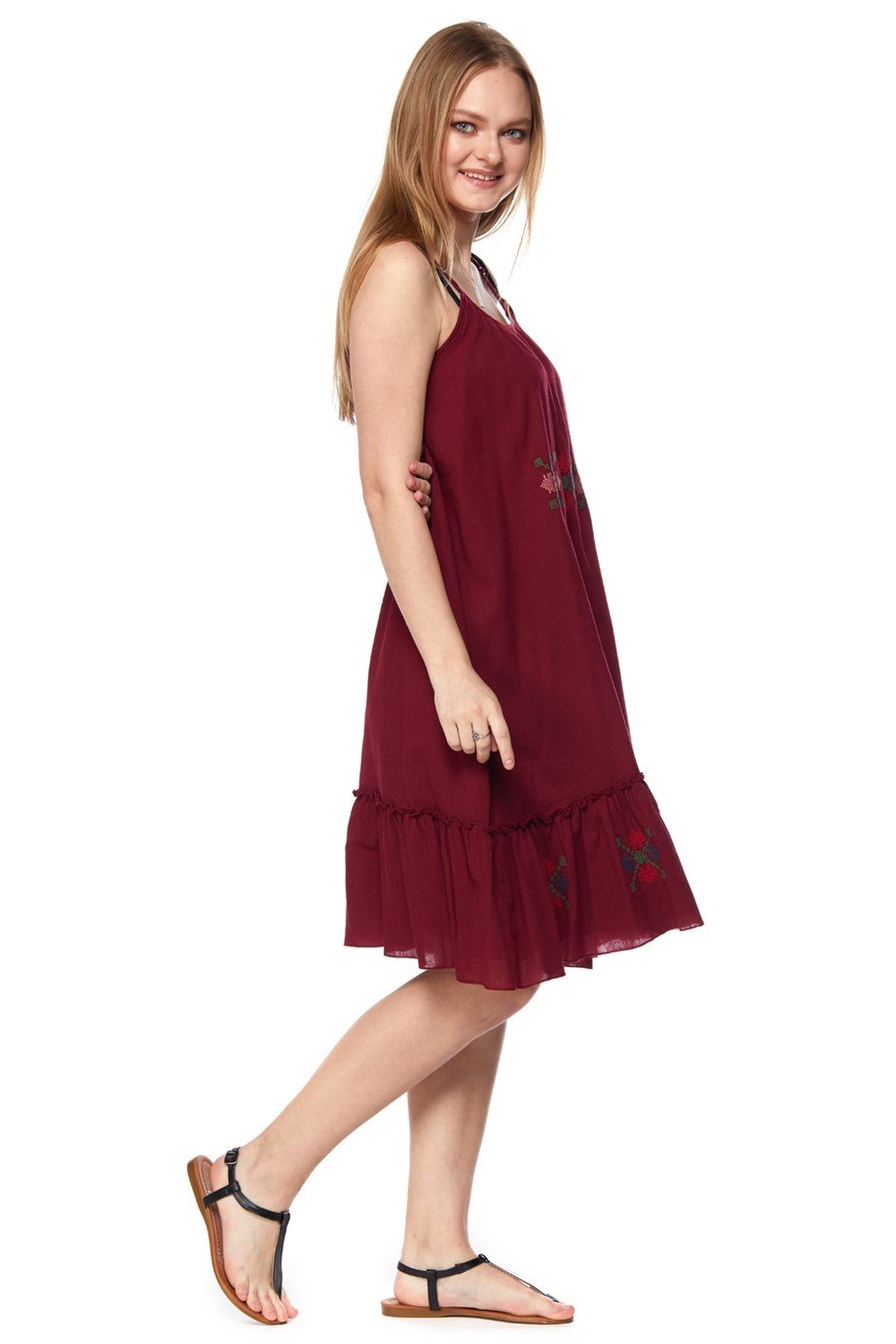 Şile Bezi Bordo Askılı Otantik Nakışlı Elbise