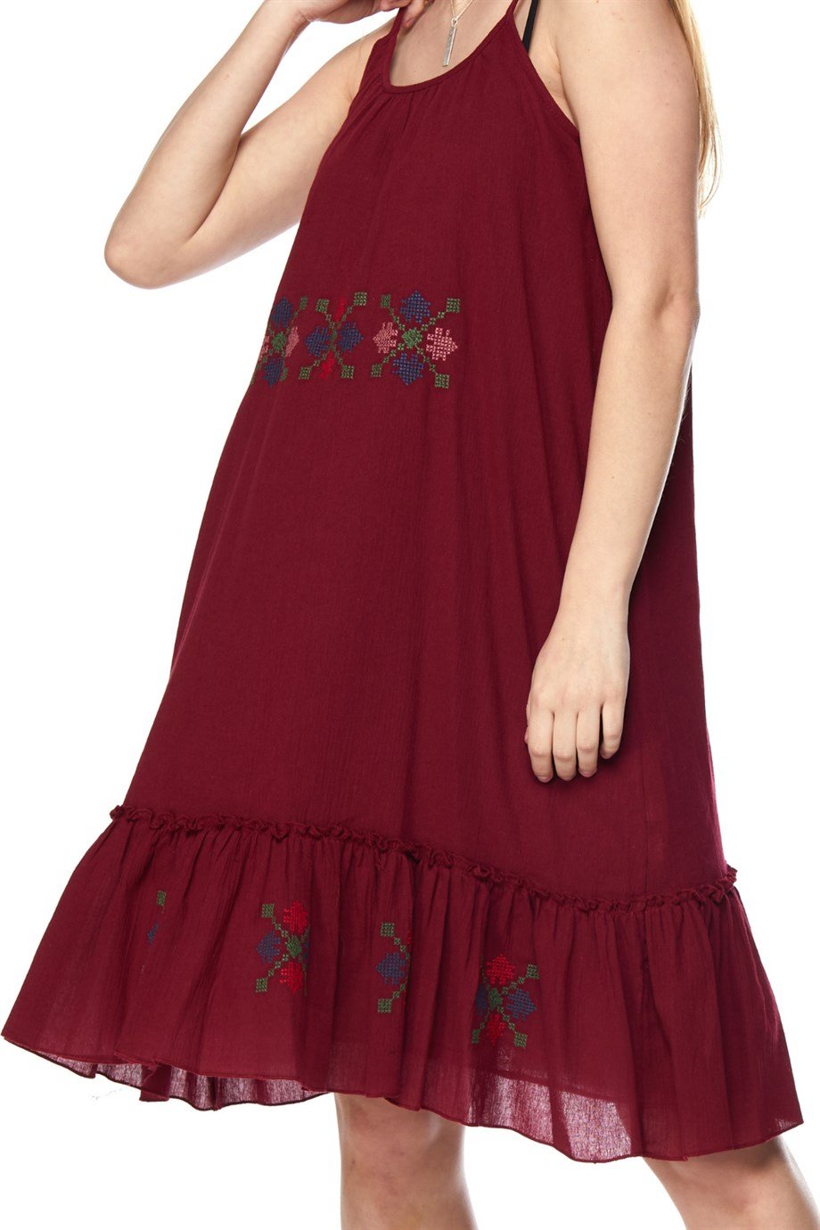 Şile Bezi Bordo Askılı Otantik Nakışlı Elbise