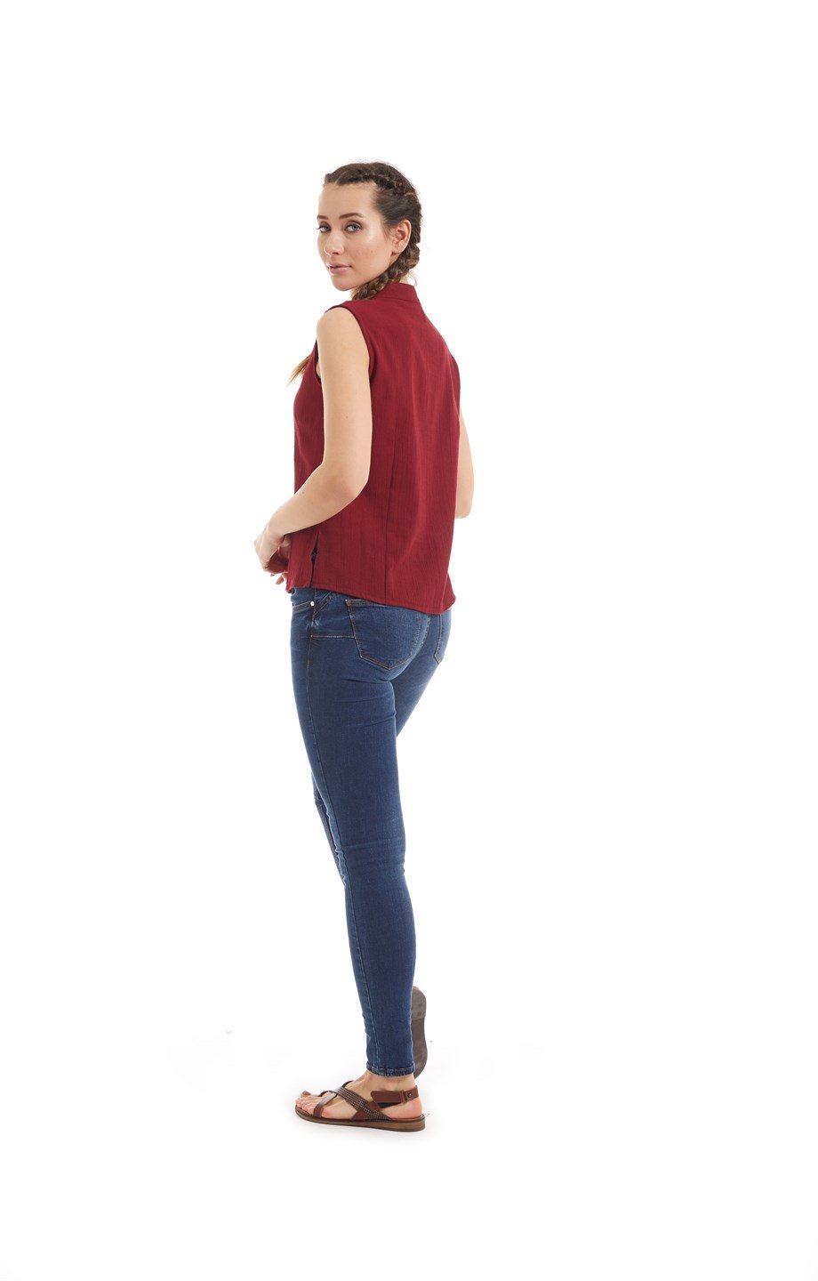 Şile Bezi Bordo Düğmeli Bluz