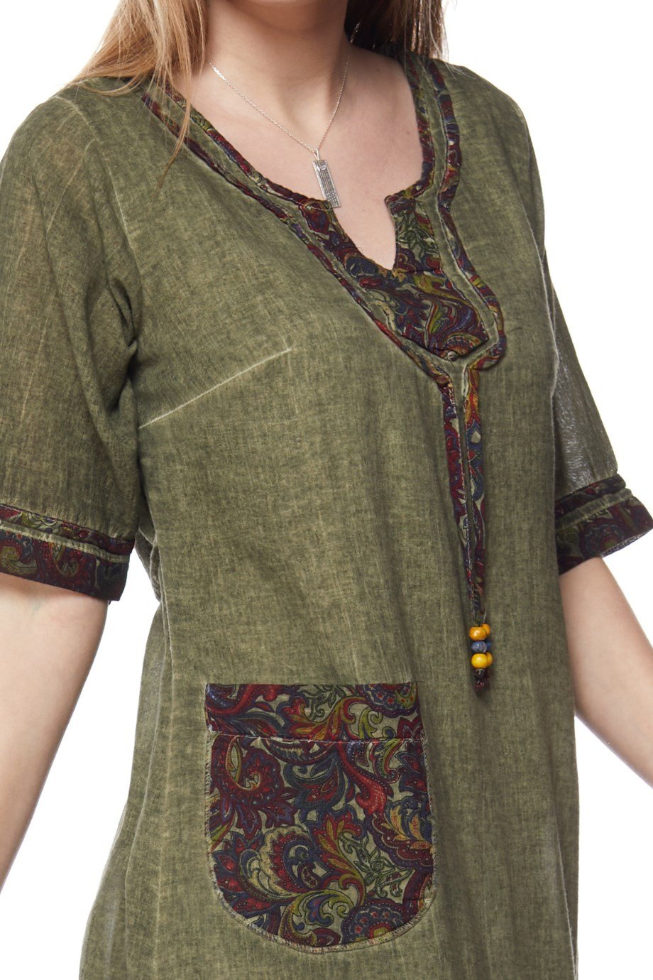 Şile Bezi Haki Otantik Desenli Cepli Elbise