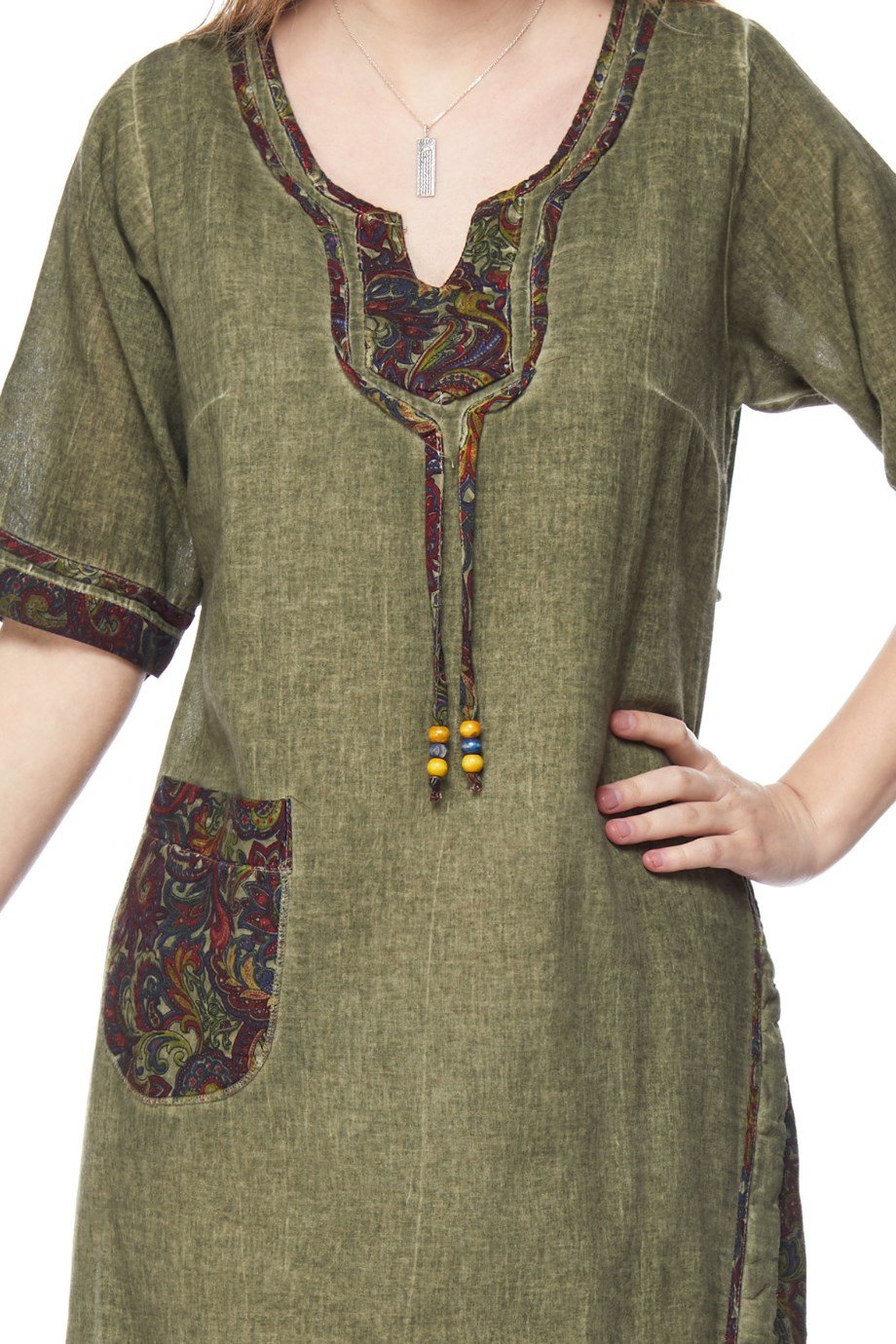 Şile Bezi Haki Otantik Desenli Cepli Elbise