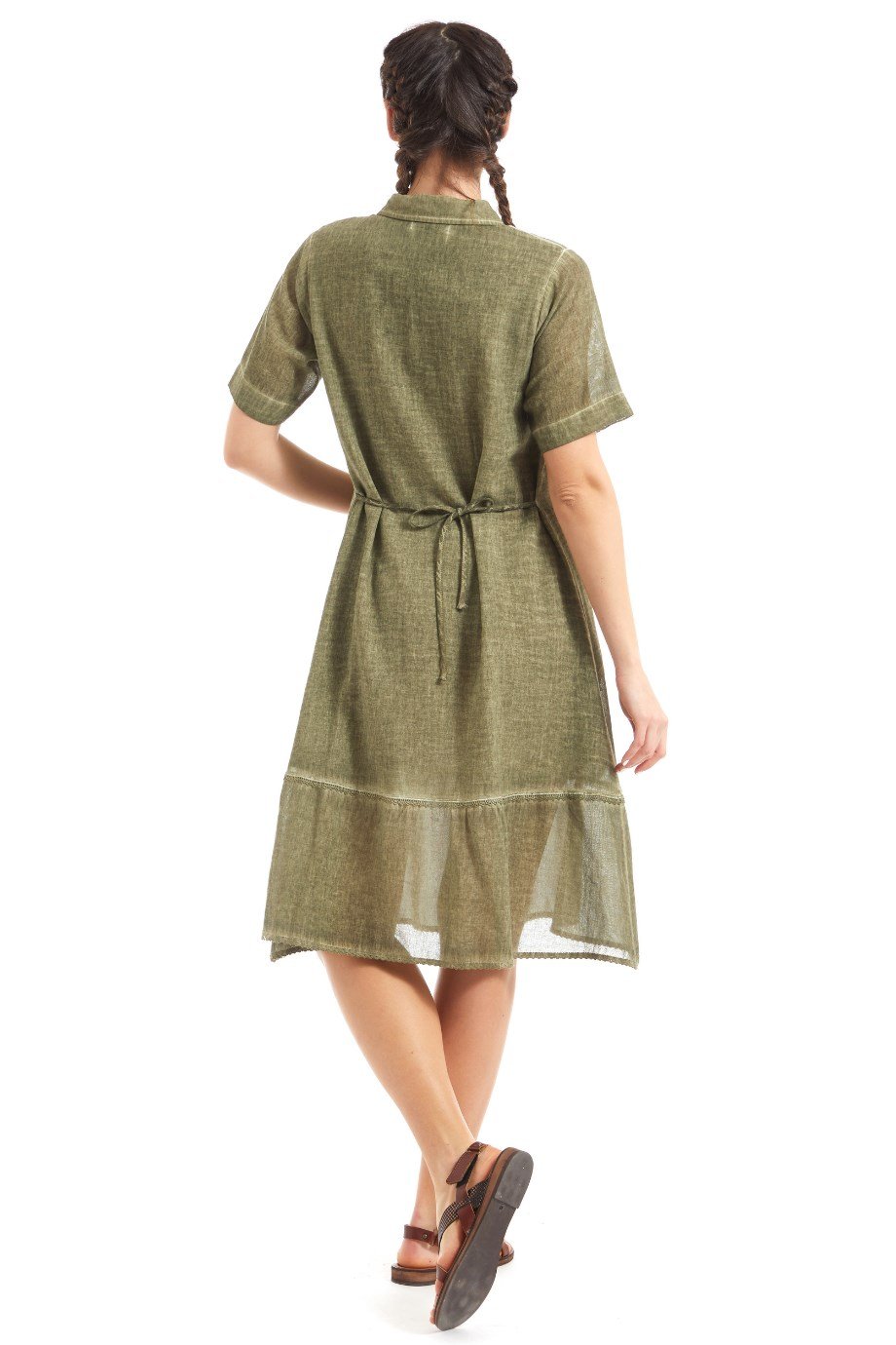 Şile Bezi Haki Yıldız İşleme Detaylı  Elbise