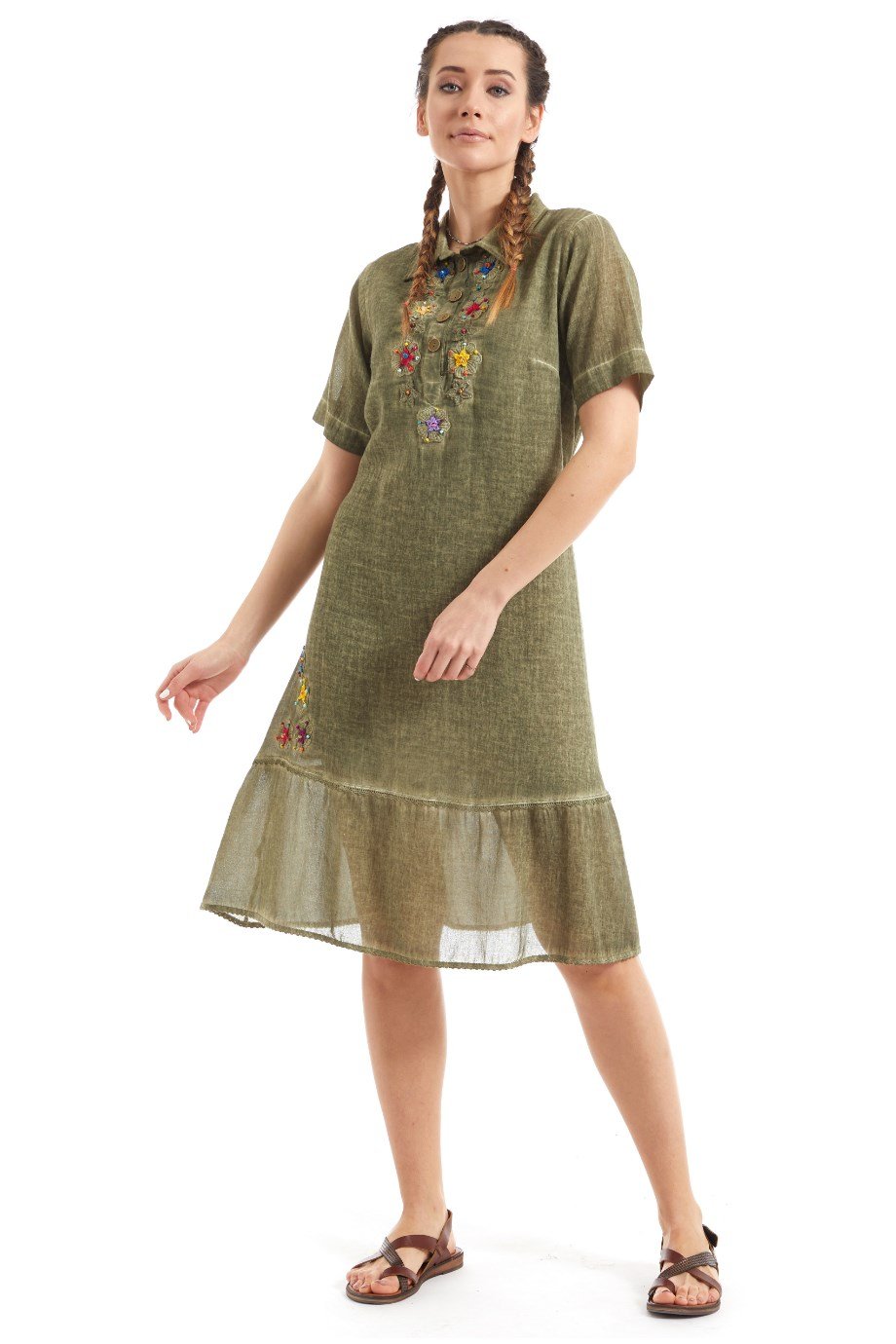 Şile Bezi Haki Yıldız İşleme Detaylı  Elbise