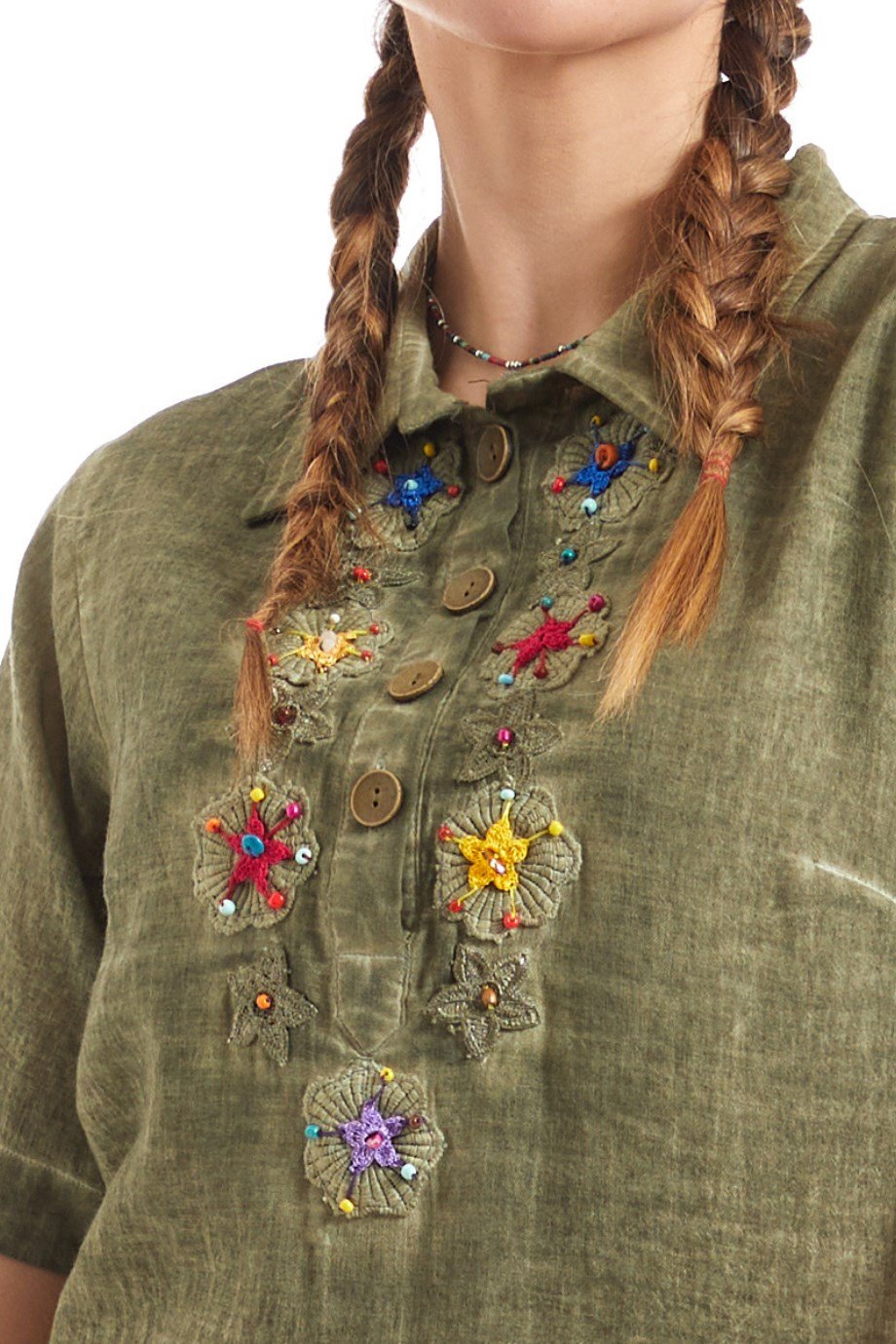 Şile Bezi Haki Yıldız İşleme Detaylı  Elbise