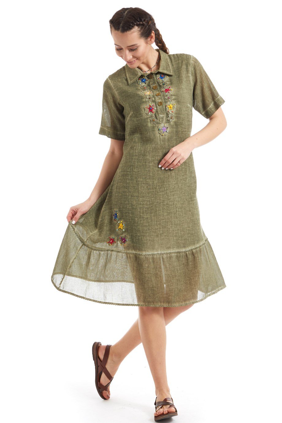 Şile Bezi Haki Yıldız İşleme Detaylı  Elbise