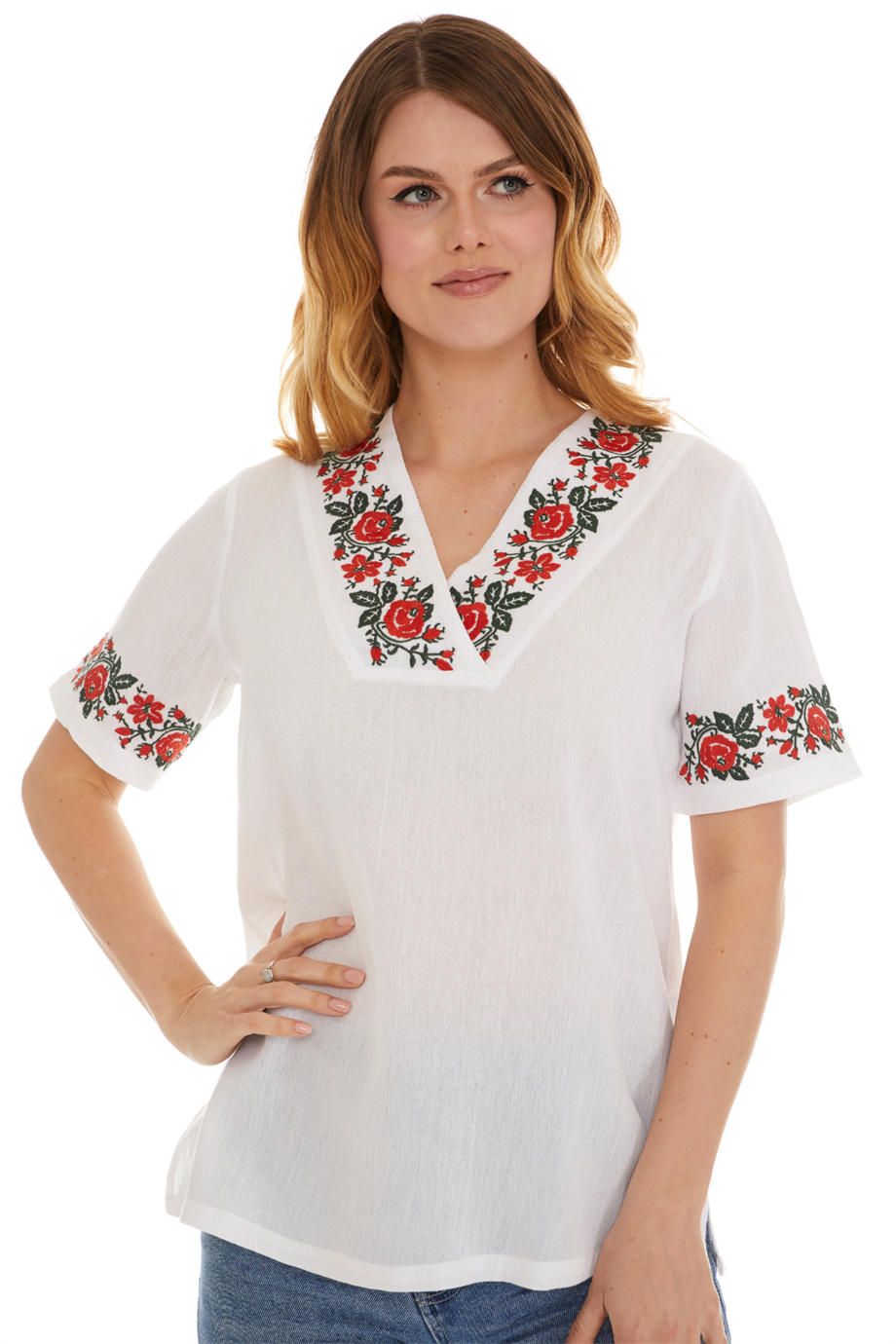 Şile Bezi Kısa Kol Beyaz Gül Nakışlı Bluz 