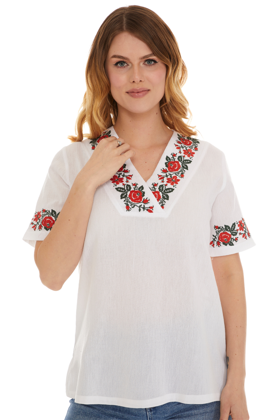 Şile Bezi Kısa Kol Beyaz Gül Nakışlı Bluz 