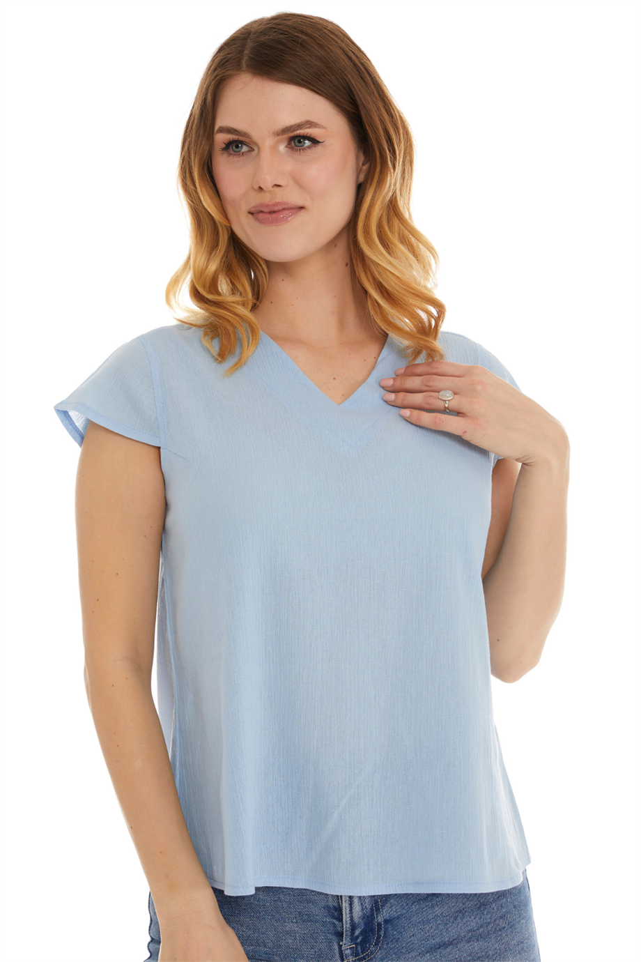 Şile Bezi Kısa Kol Buz Mavi Bağlama Detaylı Bluz 