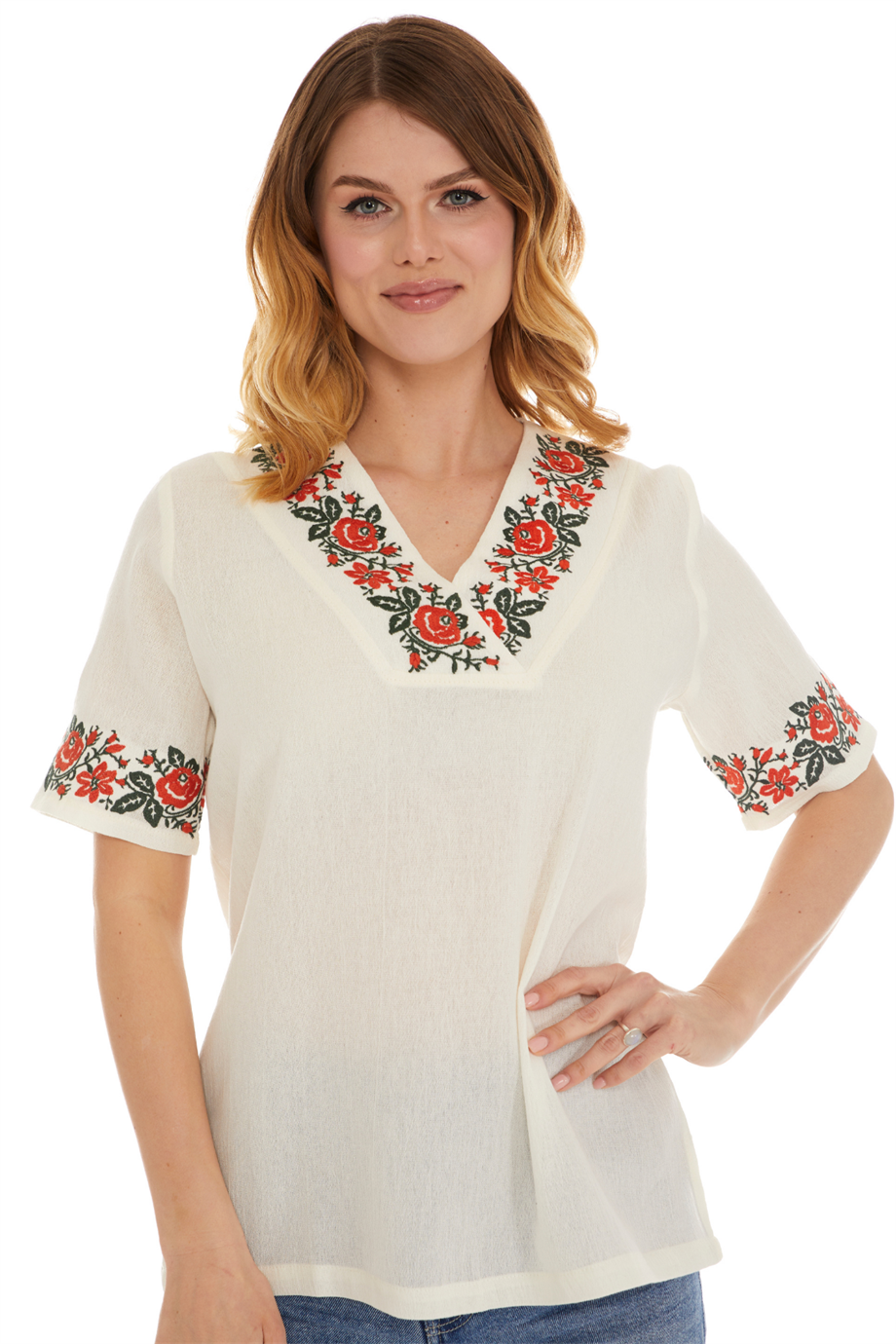 Şile Bezi Kısa Kol Krem Gül Nakışlı Bluz 