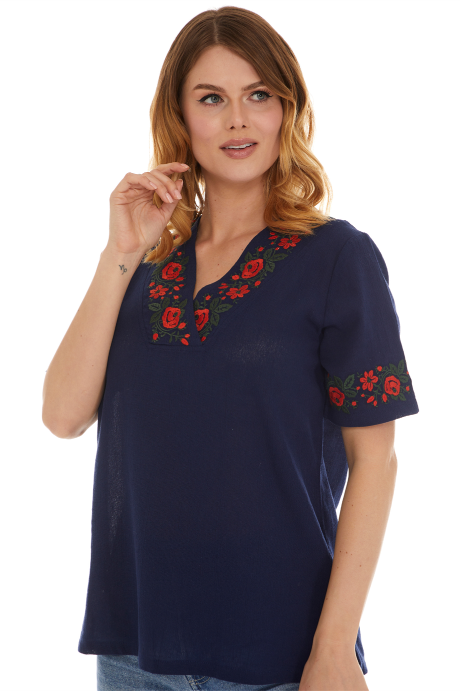Şile Bezi Kısa Kol Lacivert Gül Nakışlı Bluz 